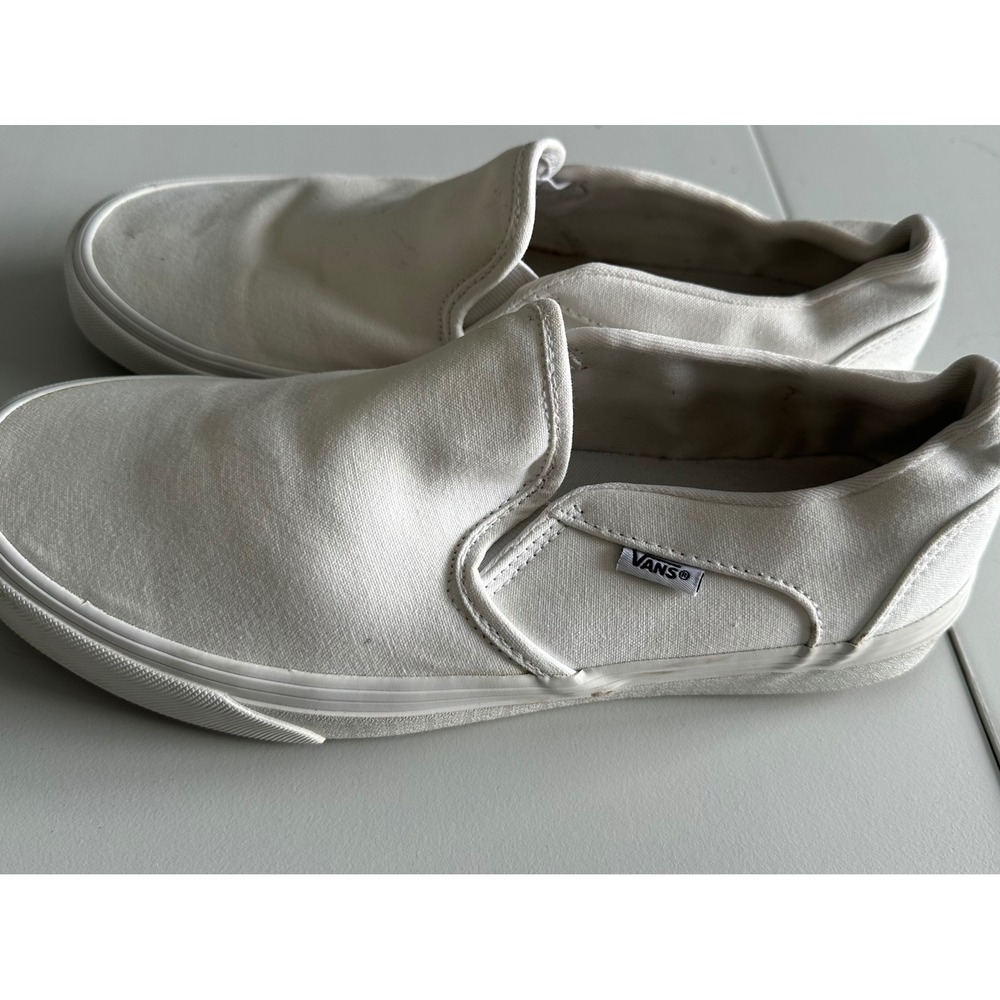 Vans Classic Slip-On White Canvas Skate Shoes Womens 11 Low Top Sneakers